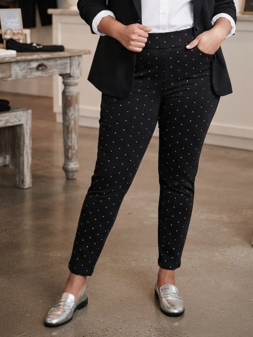 Black Pull On Stretch Silver Polka Dot Pants 2X
